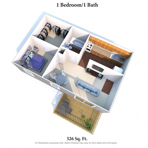 Floor plan for 1 bed, 1 bath, 526 sqft